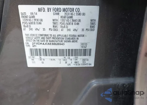 2014 Ford Edge Sel из США, поврежденный, VIN 2FMDK4JC6EBB26943